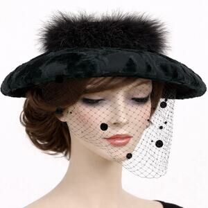 Vtg Whittall & Shon Green Velvet Feather Trim Veil Pom Pom Derby Fascinator Hat